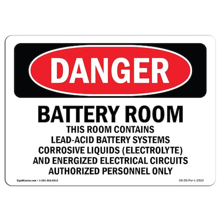 Signmission OSHA Danger Sign, 18" Height, 24" Width, Rigid Plastic, Battery Room Contains Lead-Acid, Landscape OS-DS-P-1824-L-1910